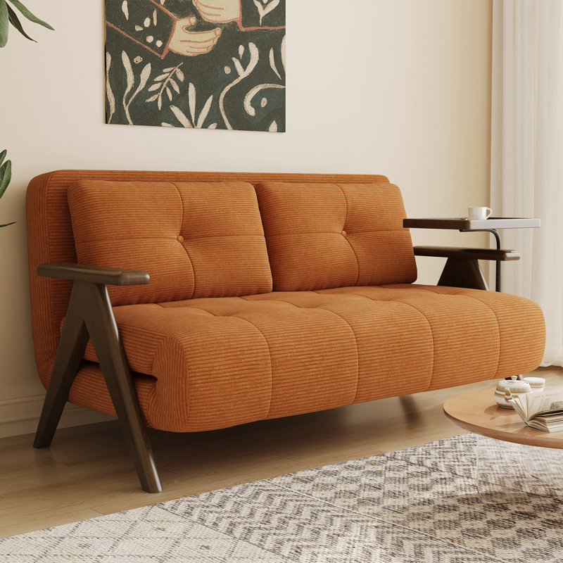 Canapé-lit en velours côtelé de 135 cm de large, canapé-lit convertible 3 en 1 avec coussin de dossier, accoudoirs ronds en bois avec plateau (orange)