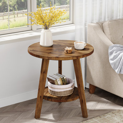 Table d'appoint ronde rustique en bois massif avec tablette de rangement pour le salon