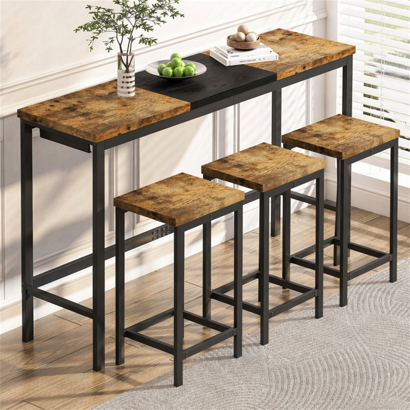 Table de salle à manger de cuisine moderne, table de pub, ensemble de table de salle à manger longue avec 3 tabourets, tabouret suspendu pratique, naturel et noir,