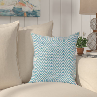 Wool Removable Cover Pillow Throw Authentic Handmade Square Polyester Fill Blue & White Non-Reversible Raised Zig-Zag With White Cotton Backing