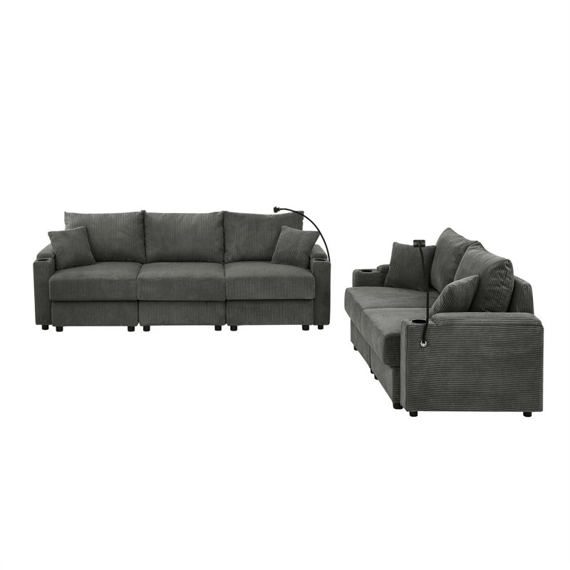 Ensemble de canapé confortable et fonctionnel avec compartiments de rangement et porte-gobelets, parfait pour une expérience de salon relaxante