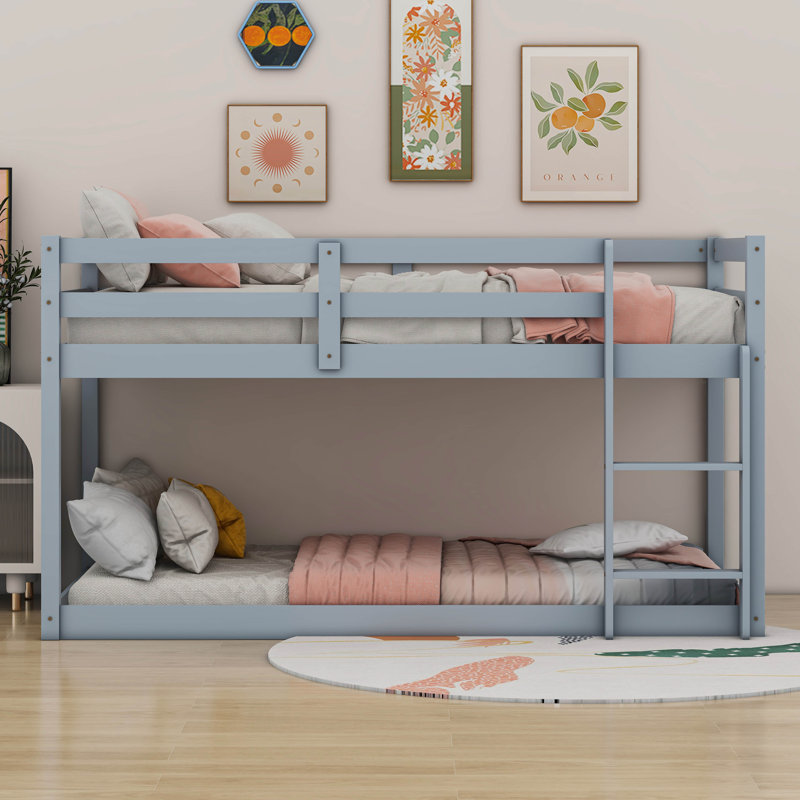 Solid Rubber Wooden Twin over Twin Loft Bed with Ladder, Gray