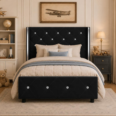 Alber Upholstered Bed Frame With Diamond Tufted Headboard, Modern Wingback, No Box Spring Needed