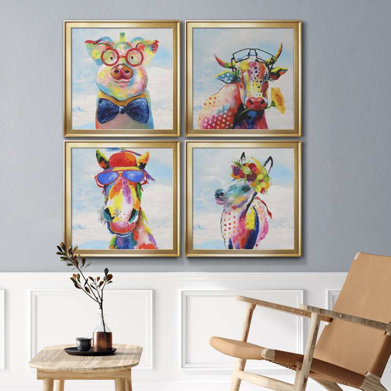 «Groovy Pig and Sky», ensemble de 4 peintures sur toile encadrées, H 30,5 po x l 122 po x P 1,5 po, Toile avec cadre noir