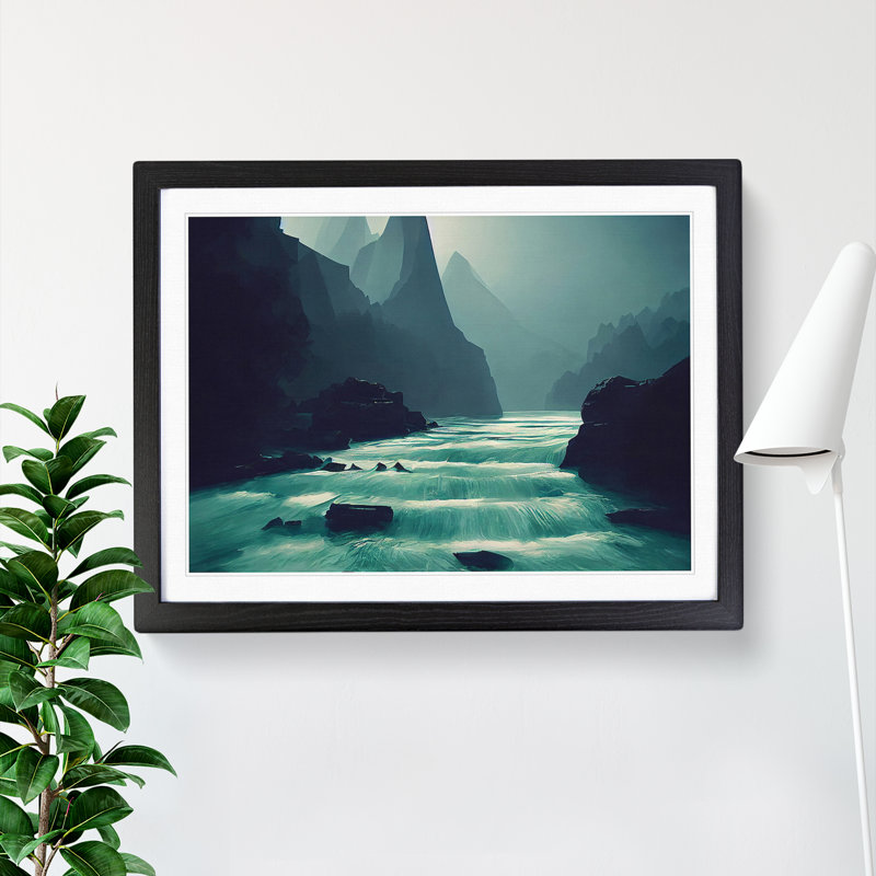 River Past The Mountains - Single Picture Frame Print, Black Framed, 25cm H x 34cm W x 2cm D