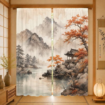 2Pcs Traditional Japanese Landscape Print Curtains, Light Filtering Fabric, Serene Mountain Pagoda Scenic Design, Rod Pocket for Living Room Bedroom Balcony Kitchen Home Decor