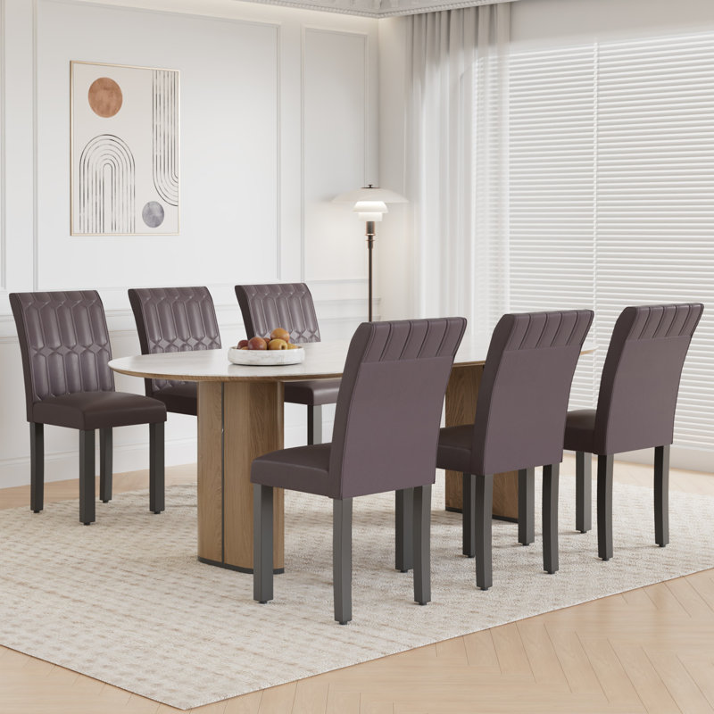 Leather Dining Chairs Set Of 6, Accent Parsons Diner Chair Upholstered Dining Room Chairs, Fabric Kitchen Chairs With Solid Wood Legs And Padded Seat For Living Room And Restaurant