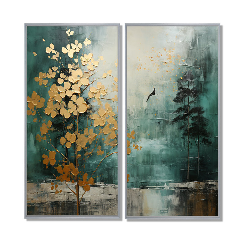 «Golden Emerald Forest», art mural sur toile à spirales abstraites, 32" H x 32" W, Impression encadrée flottante, Silver