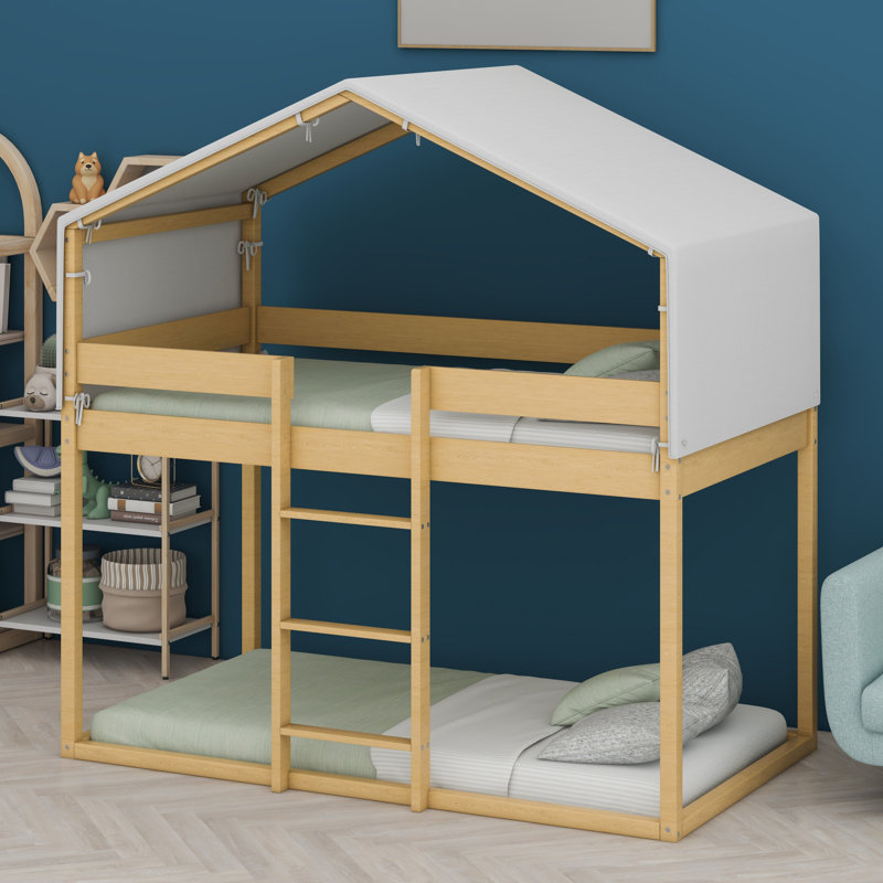 House-Shaped Solid Wood Bed Frame With Full-Length Guardrails, Slat Support,Tent And Ladder, Natural