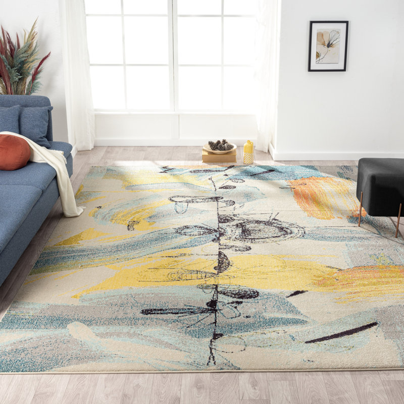 COLORWRKS Abstract Area Rug in Blues and Brushed Yellows, Rectangle 7'6" x 9'6"