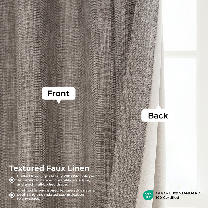 Ottis Faux Linen Room Darkening Curtain Panel, 100" W x 108" L, Mink