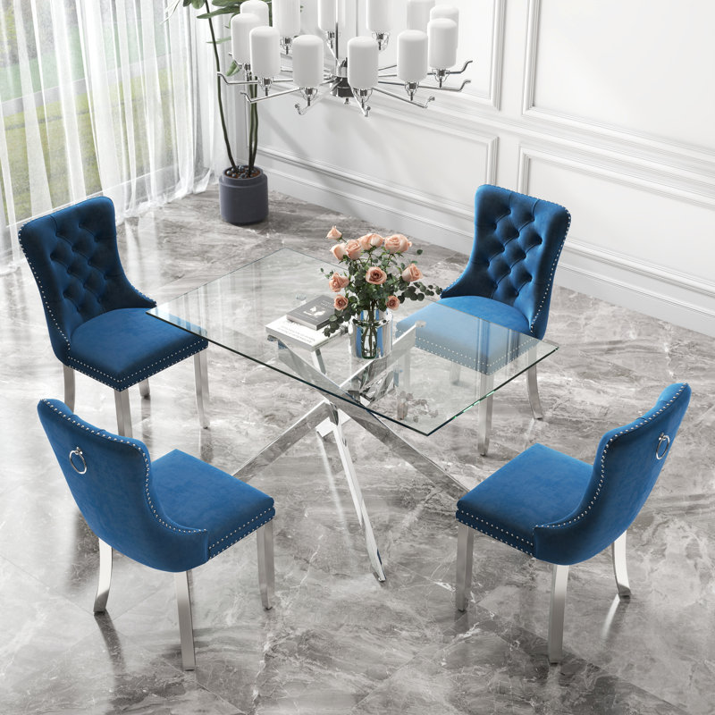Ensemble de table de salle à manger rectangulaire en verre trempé, table de salle à manger de luxe avec chaise de salle à manger en velours capitonné