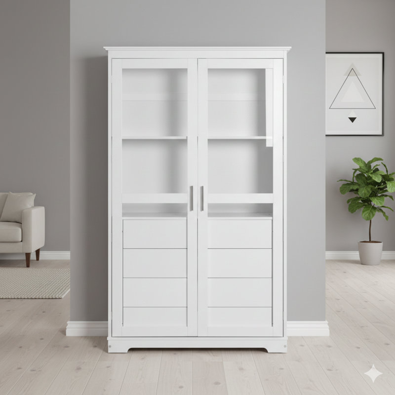 Garde-manger de 44,7 po x 20 po x 75 po, armoire de rangement indépendante avec portes en verre et quatre tiroirs intégrés, convenant au salon et au bureau, en blanc