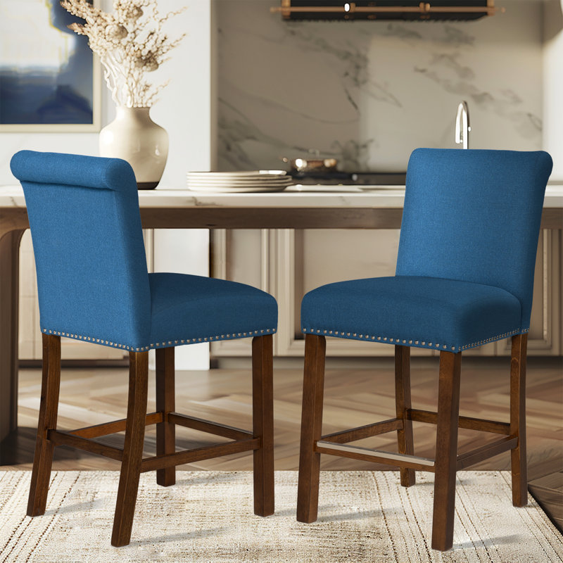 Aubrey Blue Upholstered Wood Counter Stools with Nailhead Trim