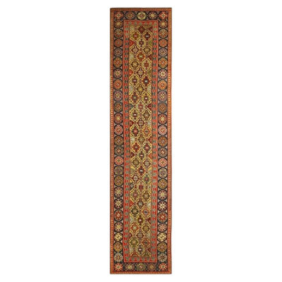 1880s Yellow Antique Geometric Tribal Knotted Wool Caucasian Tallish Runner Rug