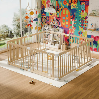 Natural Pine Wood Baby Playpen with Montessori Toys, 8-Panel Wood Play Yard for Toddlers, 64"x64" Large Baby Fence with Safety Lock