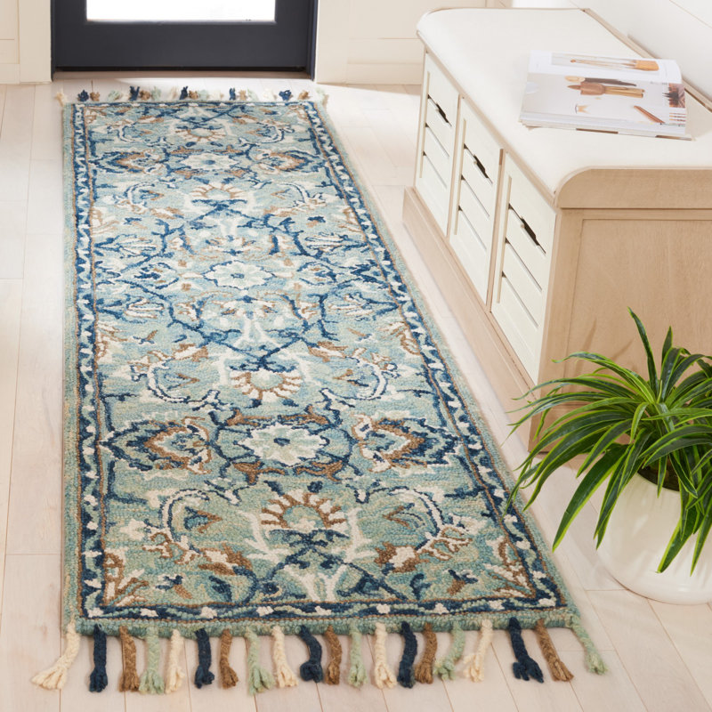 Tapis bleu / ivoire en laine touffeté à la main Jahiem, Tapis de couloir 2 pi 3 po x 8 pi