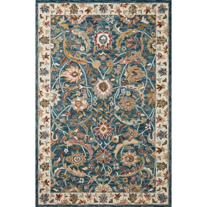 Tapis oriental en laine bleu / beige Damia, Rectangle 7 pi 9 po x 9 pi 9 po