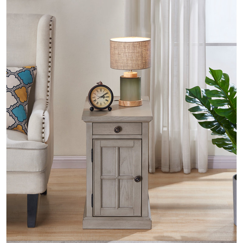 Saldana Solid Wood Top End Table with Storage and Built-In Outlets, Gray