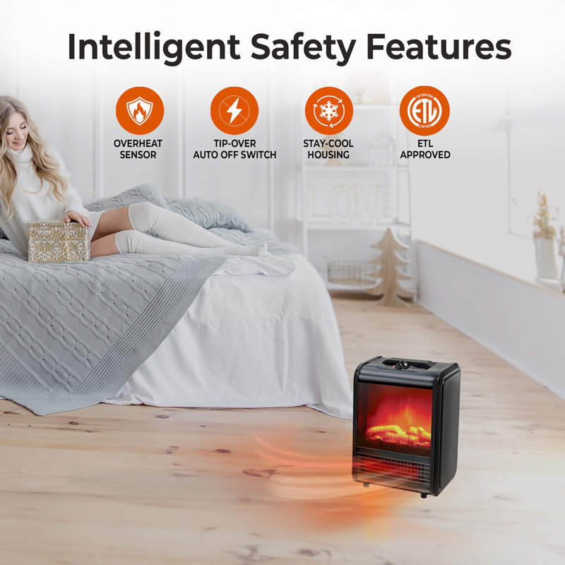 Electric Mini Fireplace Space Heater with Realistic 3D Flame, Black