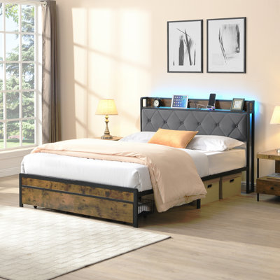 Très grand lit avec rangement, cadre de lit avec lumières DEL, tête de lit tapissier et 2 tiroirs, port USB et station de charge, aucun sommier nécessaire, assemblage facile
