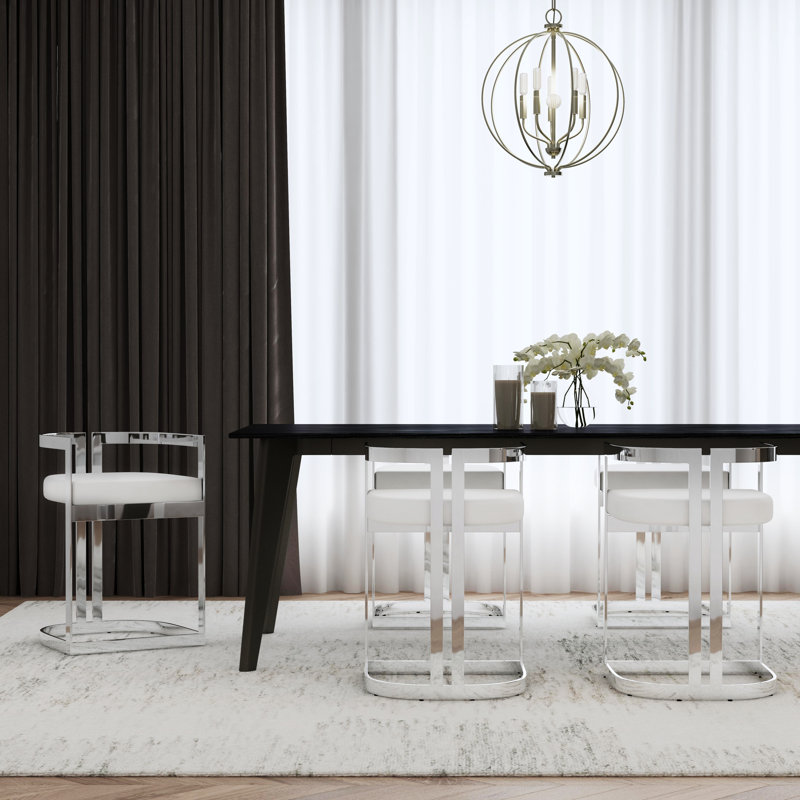 Adammichael Faux Leather 23" Dining Stool, White, Silver