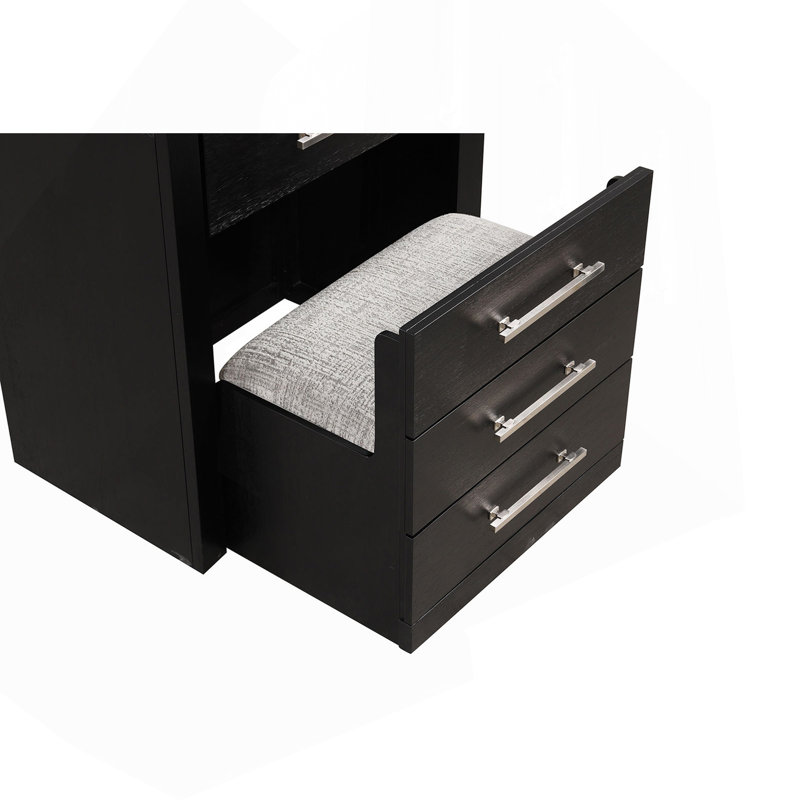 Bedside Vanity Set W/ Stool Black Storage Drawers Nickle Pulls Handles Vanity Led