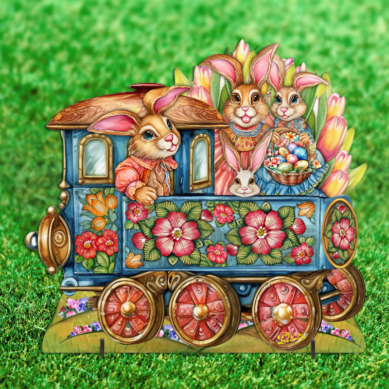 Train de lapin de Pâques, décor de pelouse de Pâques par G. Debrekht, Bleu, H 32 po x l 16 po x P 16 po