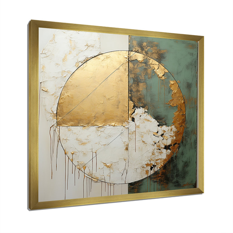 Peinture dorée et verte Fusion I - art mural abstrait pour salon, Cadre doré simple, H 24 po x l 24 po x P 1 po