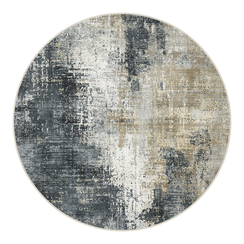 Abstract Area Rug, Black/Gold/Beige, Round 160 cm