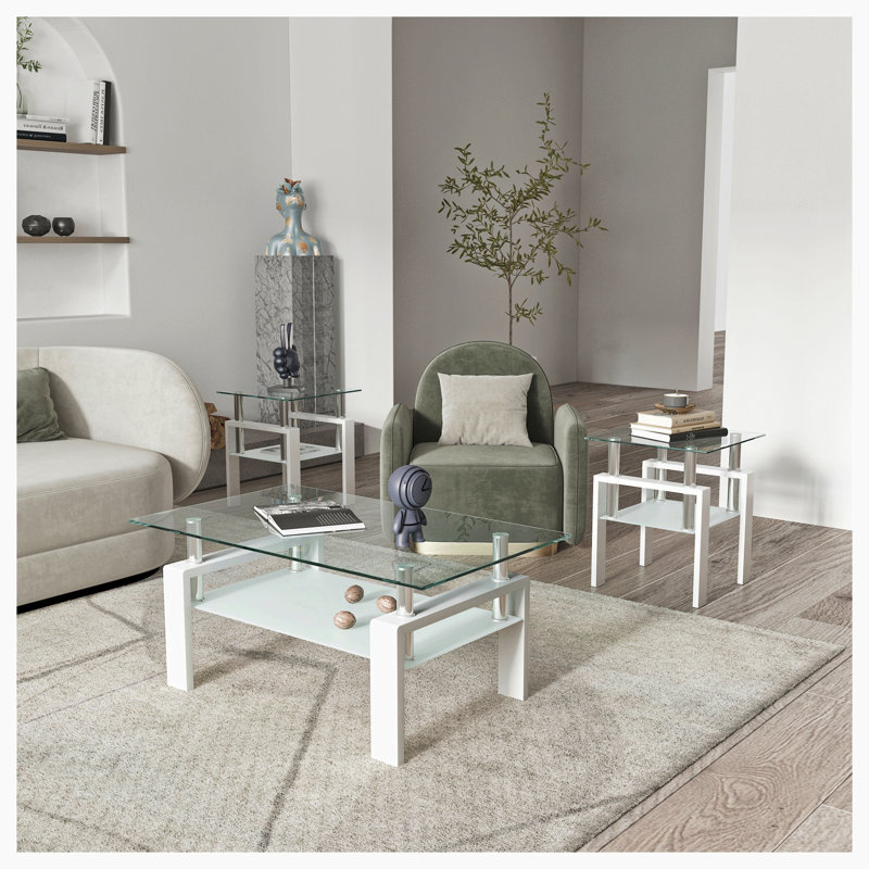 3-Piece Coffee Table,Square Glass Tea Table, Transparent/White