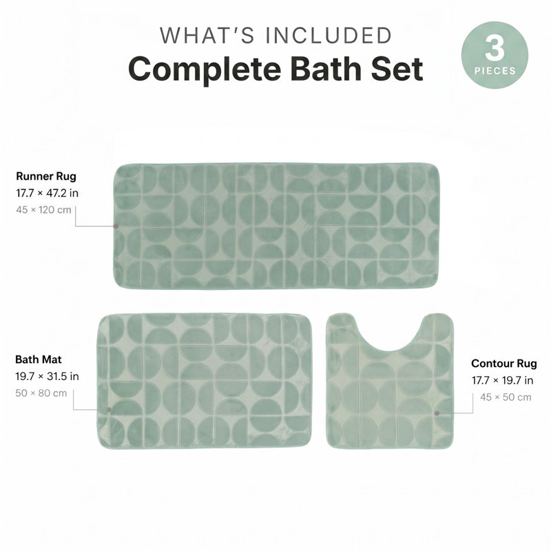 Ensemble de tapis de salle de bain en mousse viscoélastique 3 pièces Demi-Lune, Vert sauge