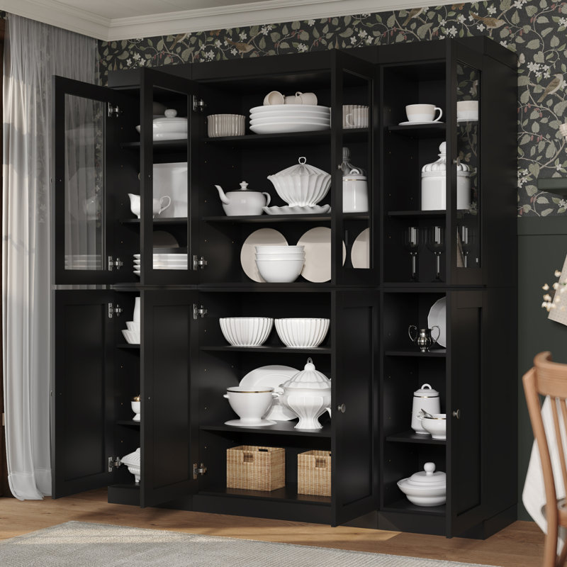 Vaisselier 100% bois massif 65 po avec verre transparent, portes Shaker et tablettes réglables, Noir