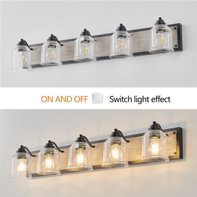 40" Farmhouse Vanity Light Fixture, 5-Light Bathroom Wall Sconce with Clear Seeded Glass Shades, Black and Wood Grain Finish, Modern Industrial Design for Bathroom or Powder Room