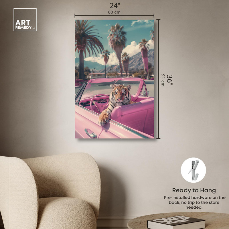 Art mural rose Rosy Tiger's Ride I, Toile tendue, H 36 po x l 24 po
