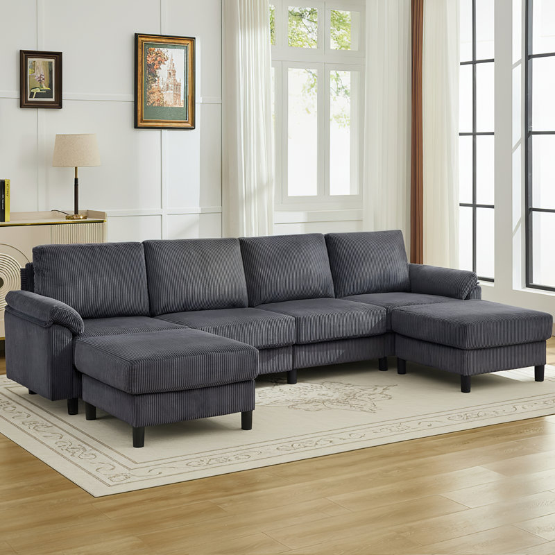 Modern U-Shaped Sectional Sofa with Storage, 116.5 Inch Wide 4-Seater Couch, Plush Corduroy Fabric & Removable Ottoman for Living Room