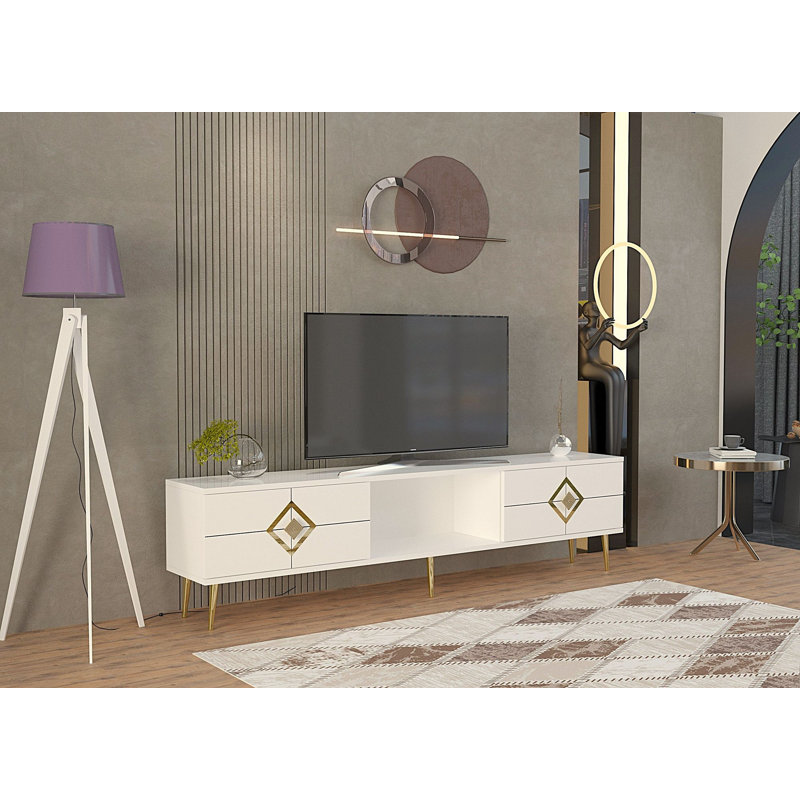 Modern TV Stand with Wall-Mount Option, White & Gold, 59.1 x 15.9 x 11.6 inches | 100% Melamine Coated Particle Board, Thickness: 0.7 inches | Stylish & Functional Design for Contemporary Living Rooms, Elegant & Durable