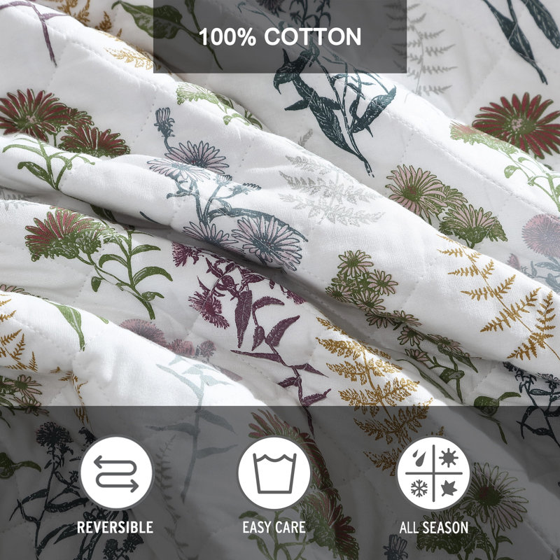 King White Cotton Reversible Quilt Set with Floral Print