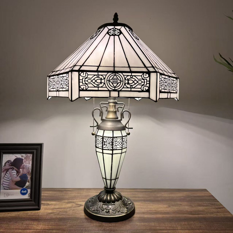 Tiffany Table Lamp White Hexagon Stained Glass Shade Metal Base LED Bulbs Included, 22" H x 12" W x 12" D