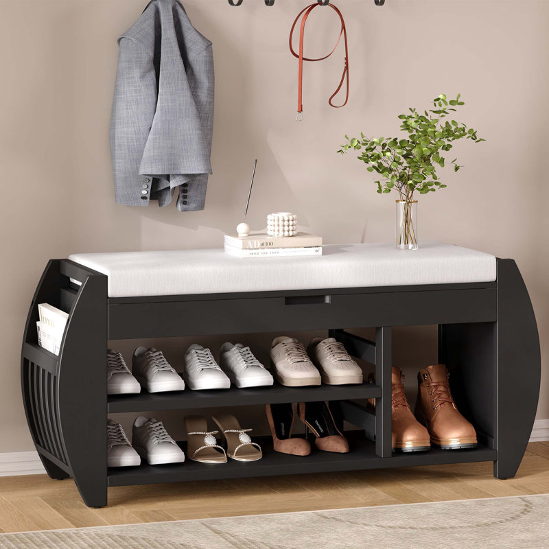 Banc de rangement pour chaussures avec coussin et côté incurvé, Noir