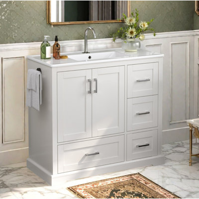42" Freestanding Bathroom Vanity with Ceramic Sink, 4 Drawers, Door Shelves and Reversible Towel Bar, Transitional, Bathroom