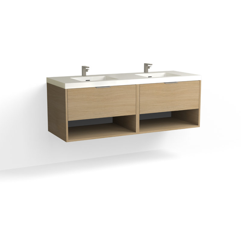 Modo 60" W Wall Mounted Double Bathroom Vanity, Matte White/8" Widespread, Satin Brass, White Acrylic
