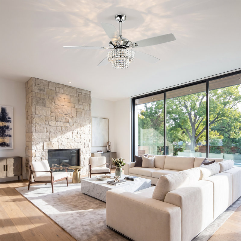 52" Beedle 5 - Blade 2-Tier Crystal Ceiling Fan with Remote Control and Light Kit Included, Chrome