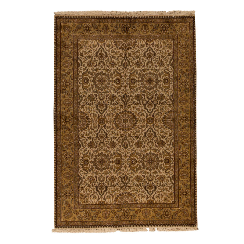 Tapis unique en laine noué à la main de 6 pi x 8 pi 10 po beige / doré / brun