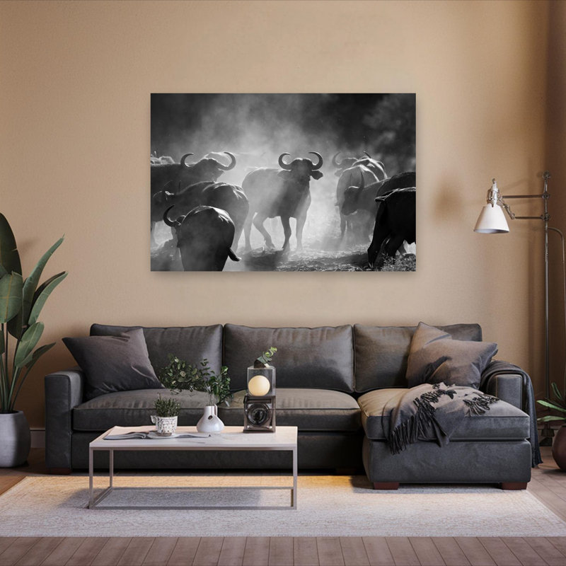 "Dusty Buffalo Herd", art contemporain mural, H 40 po x l 60 po