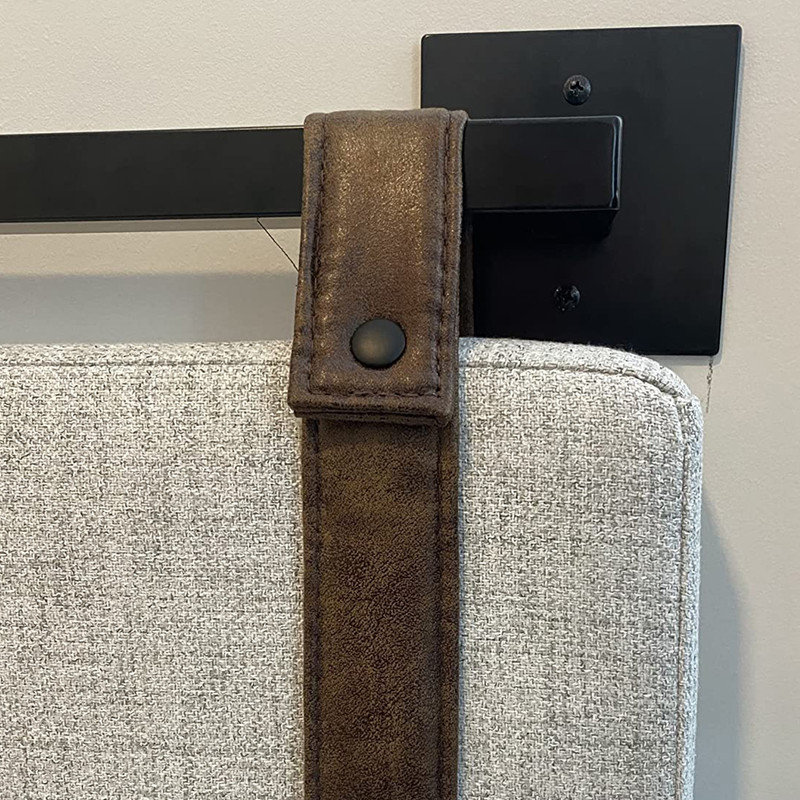 Gray Upholstered King Wall Mount Headboard with Leather Straps
