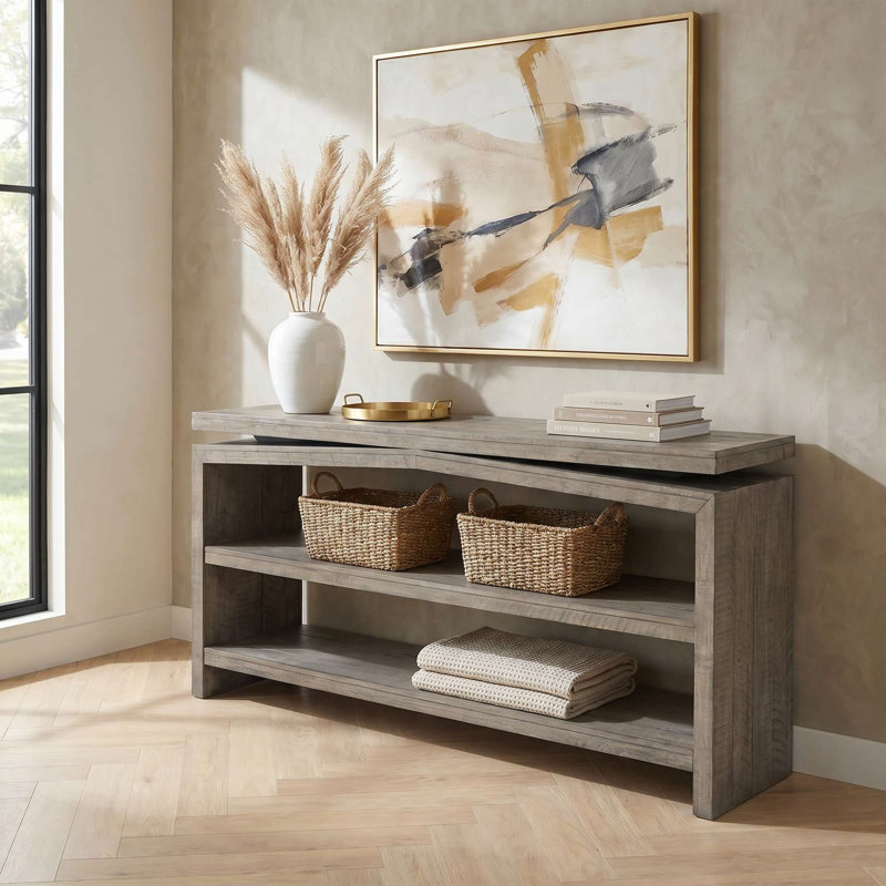 Console longue Brockington de 70 pouces en pin massif au style rustique moderne, avec deux étagères