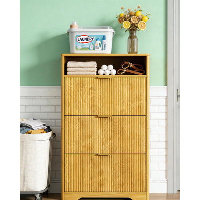Premium Natural Wood Shoe Organizer - 3 Tilt-Out Compartments & Open Display Shelf