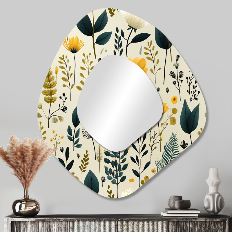 «Botanical Neutrals» Boho, motif V - miroir décoratif de forme unique Boho, grand miroir mural asymétrique bohémien, impression d'art en métal