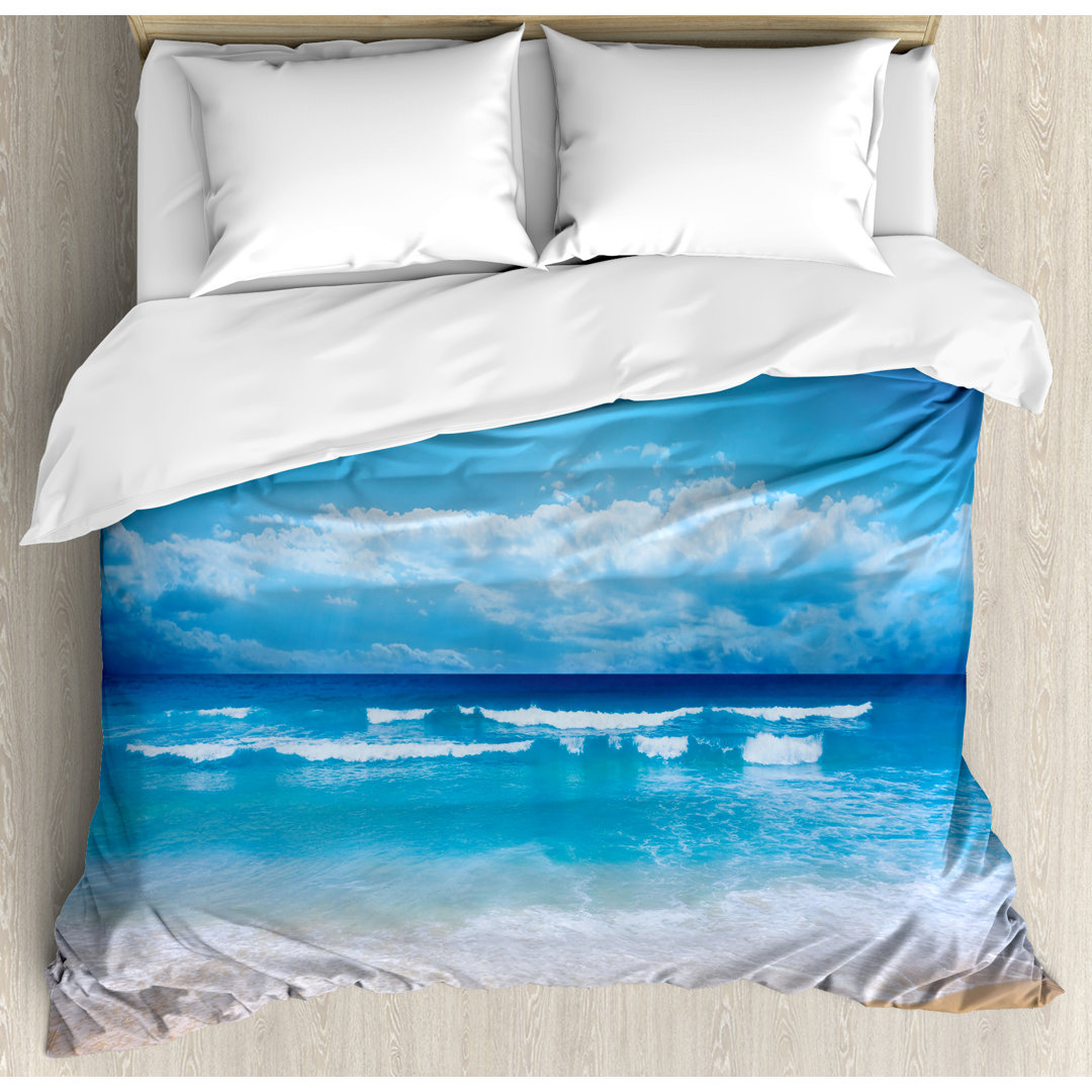 Seascape Theme Landscape of the Beach and the Cloudy Sky in Summer Digital Print Duvet Cover Set Ambesonne 